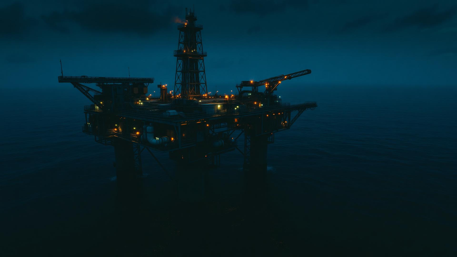 Offshore oil and gas platform at blue hour